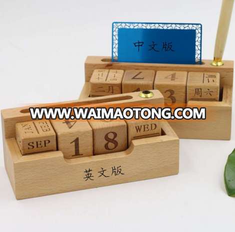 Wholesale Custom Table Beech Wooden Desktop Desk Perpetual Advent Calendar With Namecard Pen Stand